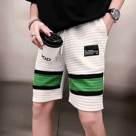 男重工高级拼接薄款休闲运动潮流撞色华夫格帅气五分休闲短裤卫裤商品大图