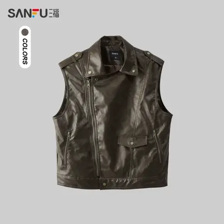 三福2024春季男士净色蜡染皮马甲 个性宽松翻驳领外套男481208商品大图