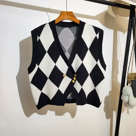 菱形格针织马甲开衫女秋冬新款宽松v领叠穿无袖坎肩毛衣背心外套商品大图