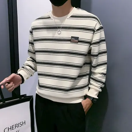 条纹卫衣潮男春秋季简约复古ins高级感长袖T恤打底衫学生休闲上衣商品大图