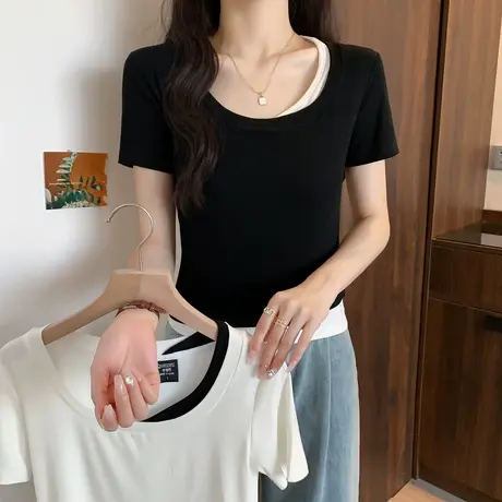 方领撞色短款T恤女夏季新款设计感小众假两件修身显瘦短袖上衣女商品大图