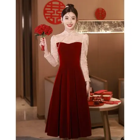 敬酒服2023新款新娘结婚当天穿便装法式订婚礼服红色连衣裙设计感图片