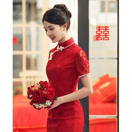 改良红色旗袍敬酒服新娘2023新款夏季高级感小个子新中式订婚礼服商品大图