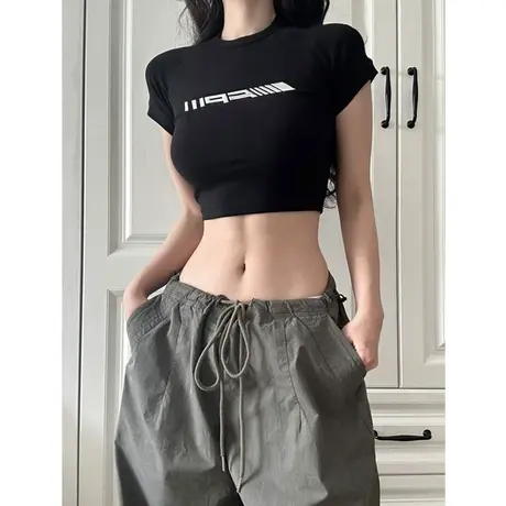 美式复古液态金属短袖t恤女设计感小众黑色正肩短款辣妹紧身上衣图片