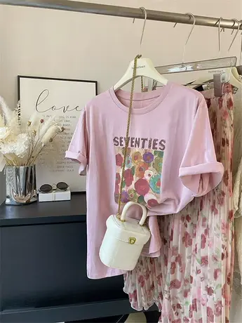 复古字母花朵晕染油画风格纯棉短袖T恤女 夏季宽松白色粉色体恤薄图片