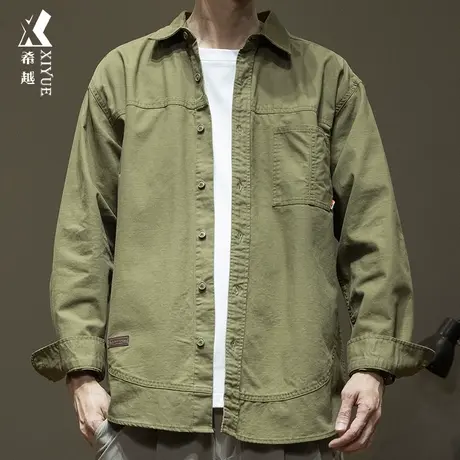 2024春季美式长袖衬衫男休闲复古珠帆布外套宽松大码男士纯棉夹克商品大图