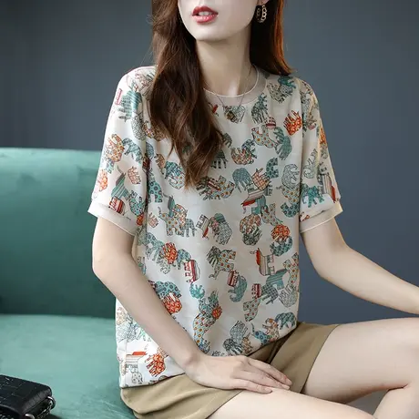 宝诗黎减龄时尚印花上衣短袖雪纺衫女夏季2023新款宽松薄款T恤衫图片