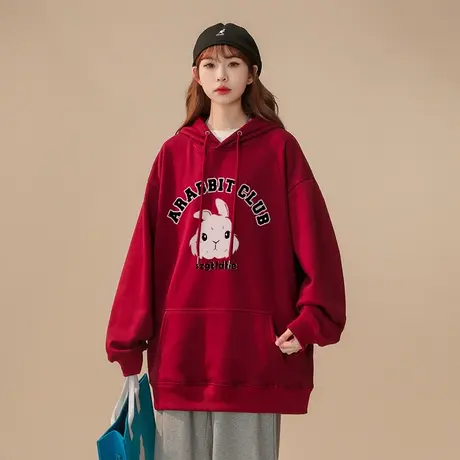 酒红色卫衣女秋冬加绒加厚ins潮牌国潮兔年本命年上衣服宽松外套商品大图