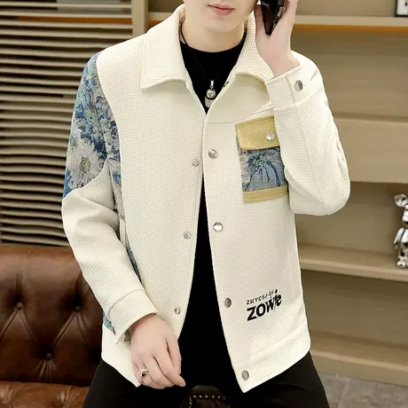 民族风拼接撞色痞帅夹克男士春秋季美式潮牌高级感华夫格休闲外套图片