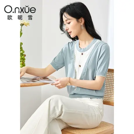 欧昵雪2024夏季新款针织衫女短袖撞色拼接圆领套头薄款小衫上衣商品大图