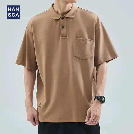 hansca夏季重磅300g空气层短袖Polo衫男卡其色宽松潮流工装上衣服商品大图
