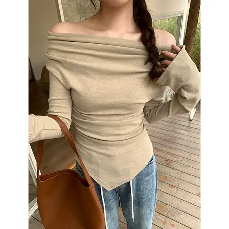 设计感小众褶皱不规则荡领长袖T恤上衣女2024春秋新款内搭打底衫商品大图