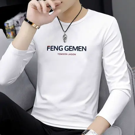 莫代尔男士长袖t恤潮牌潮流上衣服体恤圆领内搭男白色打底衫薄款商品大图