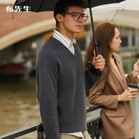 MrBu布先生纯色肌理感长袖v领针织衫男 秋冬混纺针织毛衣KT01368商品大图