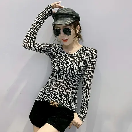 2023春秋新款时尚印花T恤修身显瘦网纱上衣洋气内搭打底衫女长袖商品大图