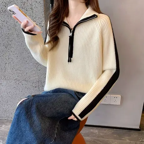 半拉链Polo领拼色毛衣可立领宽松外穿针织打底衫设计感洋气百搭女图片