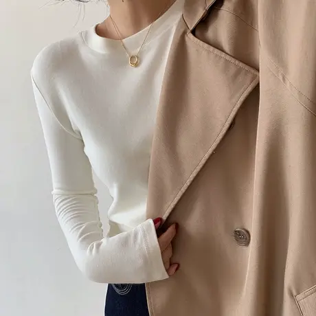双面德绒打底衫女加绒加厚内搭百搭秋冬季洋气白色长袖保暖t恤潮商品大图