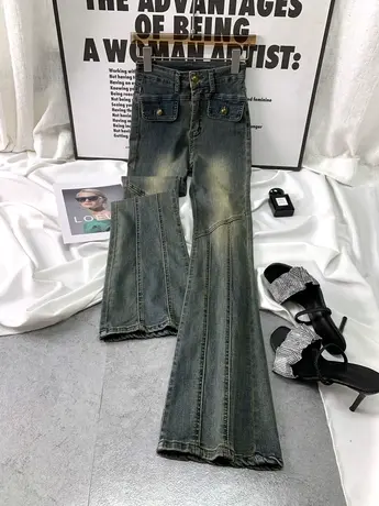 韩版复古磨白牛仔喇叭裤女2023秋季新款显瘦百搭高腰弹力微喇长裤商品大图