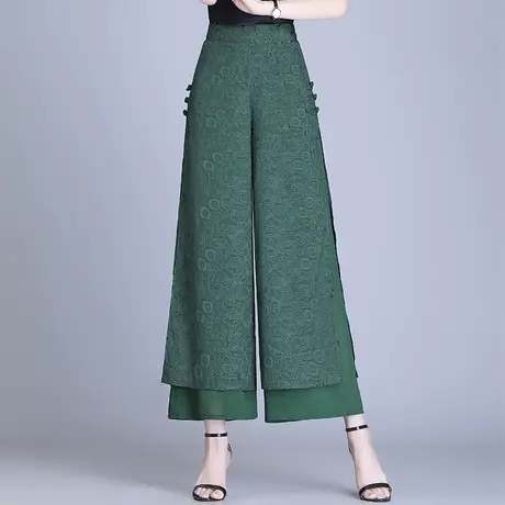 复古排扣国风阔腿裤女夏季2023新款高腰双层开叉印花长裤休闲裤薄商品大图