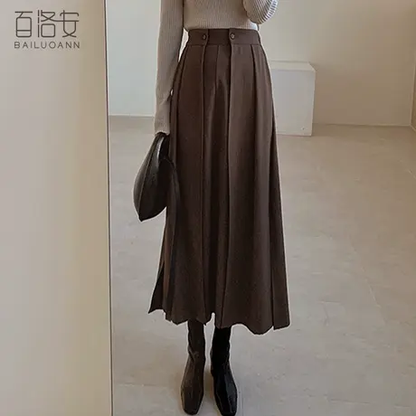 百洛安中长款半身裙裤女秋季新款韩版显瘦百搭a字伞裙高腰开叉裙图片