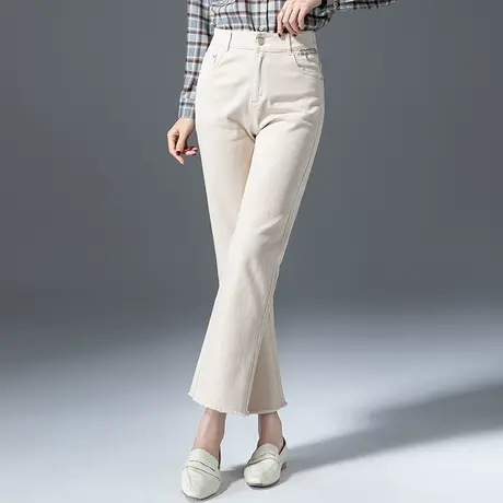 米白色九分微喇裤女2023新款春秋女裤米色裤子休闲喇叭直筒烟管裤图片