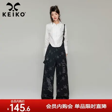 KEIKO 黑色破洞牛仔裤2023秋季美式街头辣妹显瘦星星满印直筒裤子商品大图