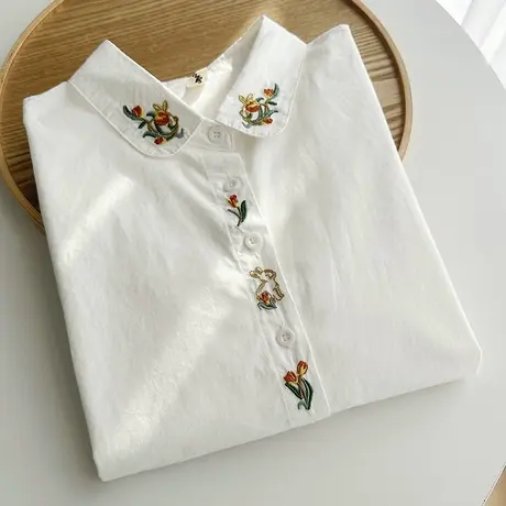 春秋季韩版文艺小清新刺绣花纯棉长袖衬衫女学生宽松百搭打底上衣商品大图