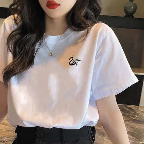 白色短袖t恤女宽松纯棉百搭正肩上衣2023年新款春夏季打底衫体恤图片