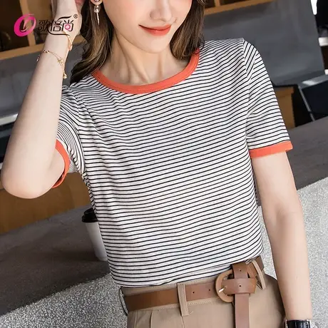纯棉条纹短袖t恤女夏2022新款时尚减龄内搭体恤韩版圆领百搭上衣商品大图