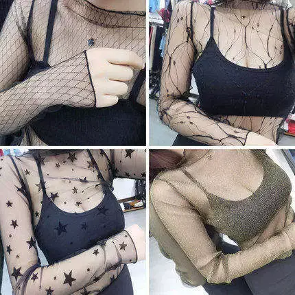 春装2023新款女装半高领打底衫长袖蕾丝网纱内搭网格很仙的上衣服商品大图