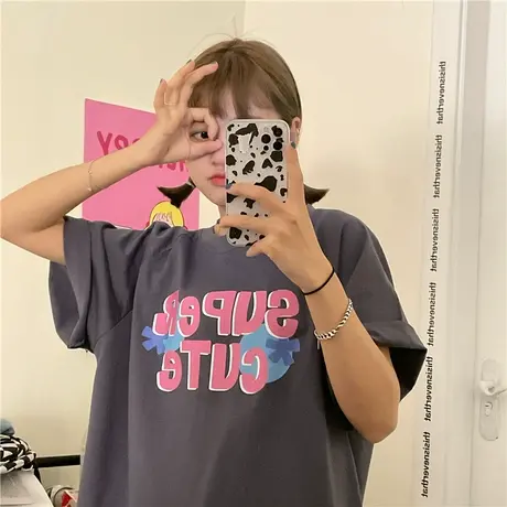 红续盐系少女温柔风宽松2023新款韩版夏装ulzzang纯棉短袖T恤上衣图片