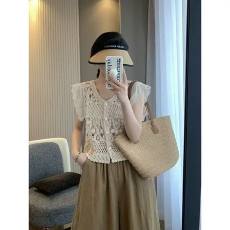 重工镂空针织！韩系小众显瘦钩花花边飞飞袖小衫针织衫夏装上衣女商品大图