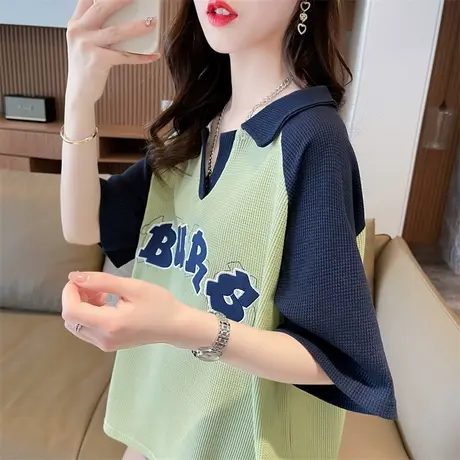 小众设计感短袖t恤女夏季韩版宽松翻领polo衫撞色百搭学生上衣服图片