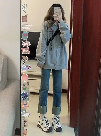 oversize设计感开衫卫衣女春秋薄款宽松小众高街潮牌ins拉链外套商品大图