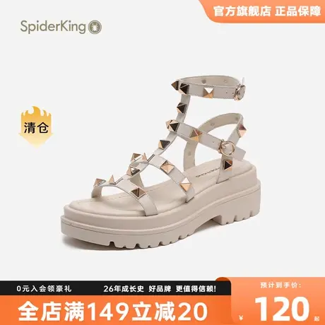 蜘蛛王2023年新款冬季女士百搭平厚底仙女镂空铆钉时尚罗马凉鞋商品大图