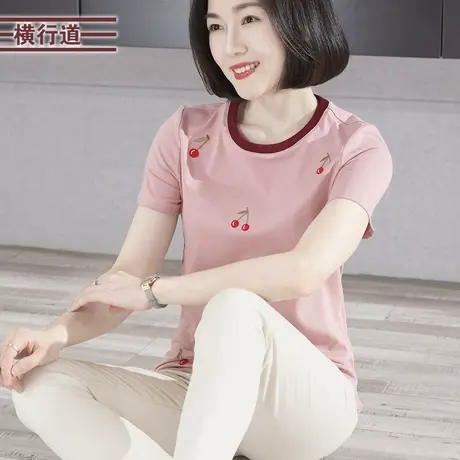 2023新款夏季圆领撞色樱桃绣花宽松短袖T恤大码女外穿上衣妈妈装商品大图