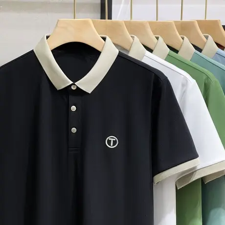 刺绣polo衫男士短袖2023夏季金领撞色冰丝翻领保罗衫修身休闲T恤商品大图