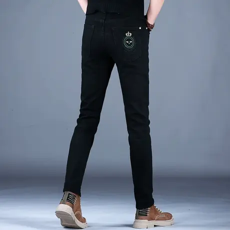 2023男士新款百搭牛仔裤子黑色简约修身刺绣棉弹小脚裤男潮牌百搭商品大图