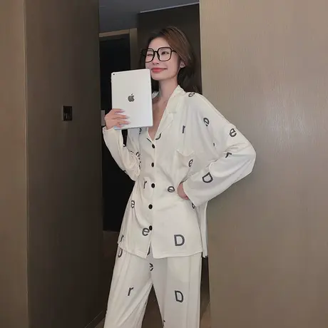 新款简约字母韩国ins风长袖家居服睡衣女可外穿春秋季长袖套装女商品大图