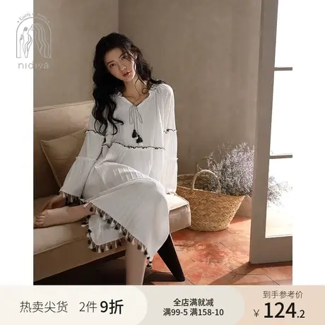 妮狄娅睡衣睡裙女春秋纯棉长袖暗条纹宽松v领休闲度假白色家居服商品大图