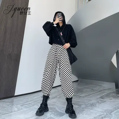 棋盘格子卫裤女春季新款百搭宽松复古松紧高腰运动休闲束脚裤子潮商品大图