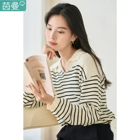 茵曼撞色条纹polo领毛衣针织衫女士2023年秋季新款长袖纯棉上衣图片