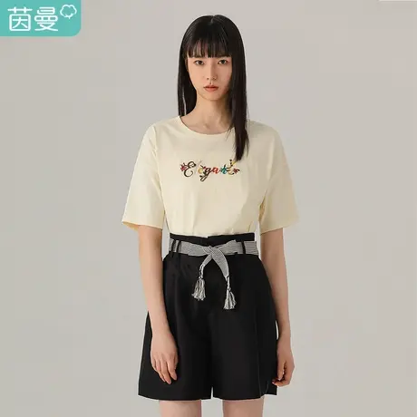 【商场同款】茵曼2023夏装新款圆领落肩立体刺绣字母宽松休闲T恤图片