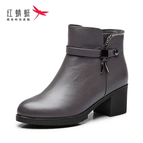 红蜻蜓女鞋女靴牛皮短靴秋冬加绒保暖棉靴时尚粗跟舒适透气防滑底图片