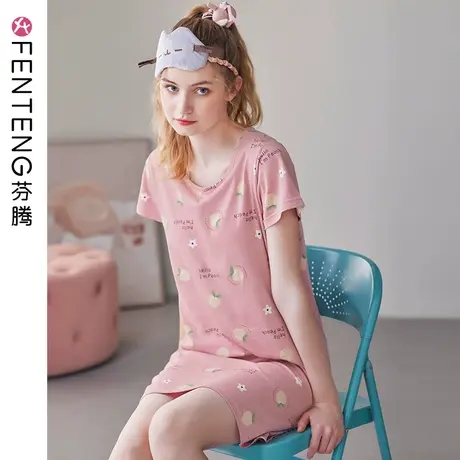 芬腾夏季短袖睡裙女纯棉薄款带胸垫可爱短裙睡衣大码连衣裙家居服商品大图