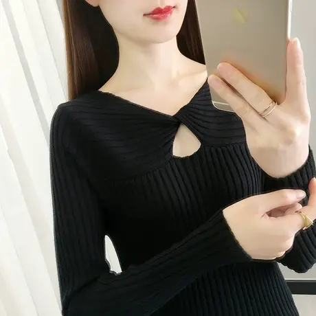 春秋新款V领针织衫女设计感别致上衣修身薄款毛衣套头洋气打底衫商品大图