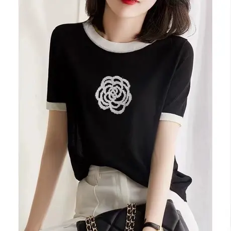 2023夏季新款设计t恤女茶花刺绣冰丝短袖宽松百搭显瘦圆领撞色潮商品大图