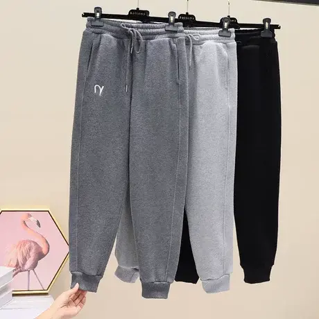 欧洲站刺绣字母加绒运动裤女冬宽松束脚加厚哈伦裤显瘦休闲卫裤潮商品大图