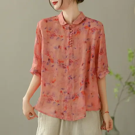 dza 复古碎花苎麻衬衫女2023夏季薄款娃娃领衬衣宽松棉麻套头上衣商品大图