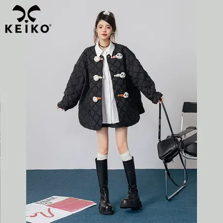 【满幅绗花】菱格绗缝夹棉外套女2023秋冬甜酷风熊猫扣饰轻薄棉服商品大图
